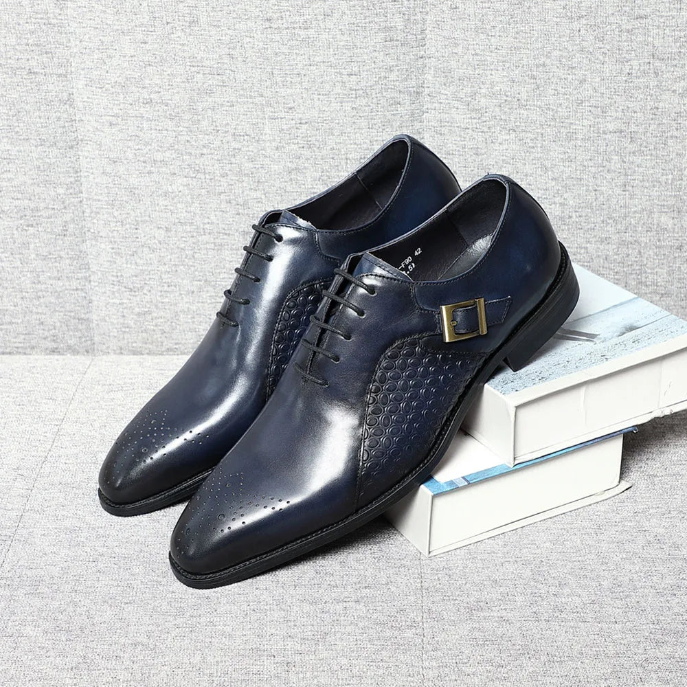 Classy Men's Genuine Leather Oxford Dress Shoes Blue Black Lace-up Brogue Pointed Business Wedding Party Formal Shoes for Men