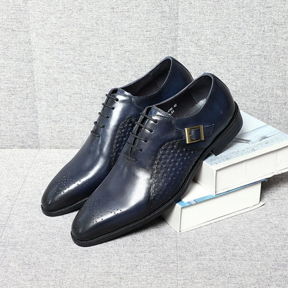 Classy Men's Genuine Leather Oxford Dress Shoes Blue Black Lace-up Brogue Pointed Business Wedding Party Formal Shoes for Men