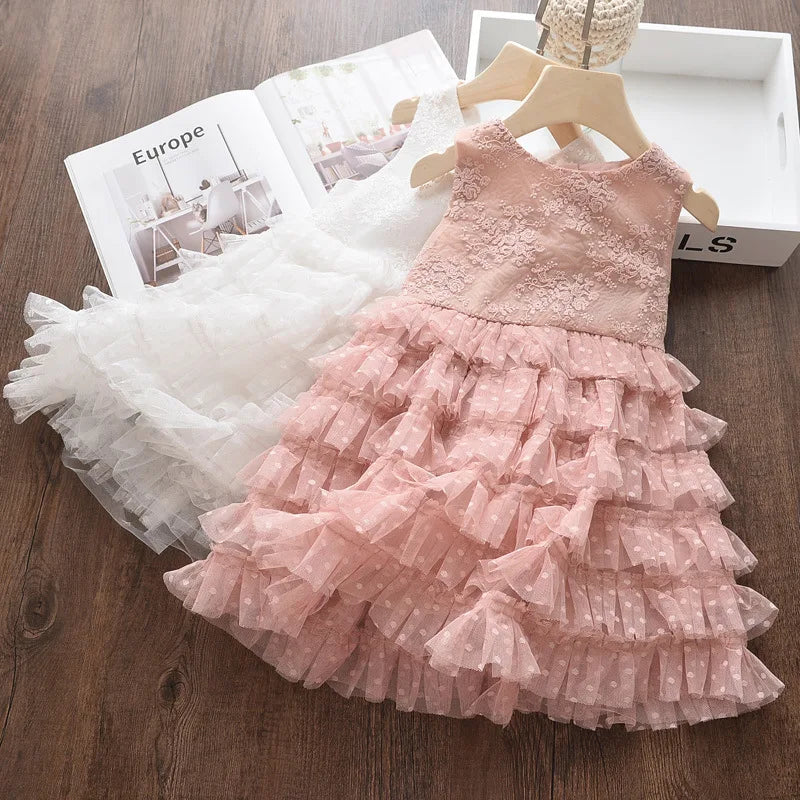 3-8Y Elegant Kid Girl Dress Tulle Layered Dress Sleeveless Princess Costume Wedding Party Costume Baby Girl Clothes Child A1123