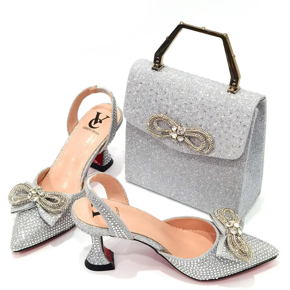 Rhinestone Bow Side Empty Party High Heels Pointed Toe Stiletto Heels Silver Women's Shoes And Bags