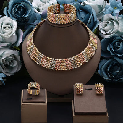 Dubai Casamento Nupcial Conjuntos Completos De Joias Para Mulheres Festa Luxo Nigéria Banhado A Ouro Contas Gargantilha Colar Conjunto De Joias