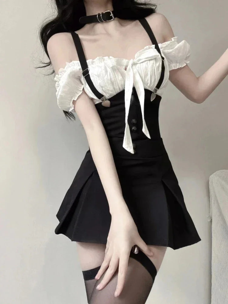 Chic Y2k Two Piece Dress Sets Female Summer Black Bodycon Dress Crop Top Women Party Korean Fashion Even Mini Dress Suits