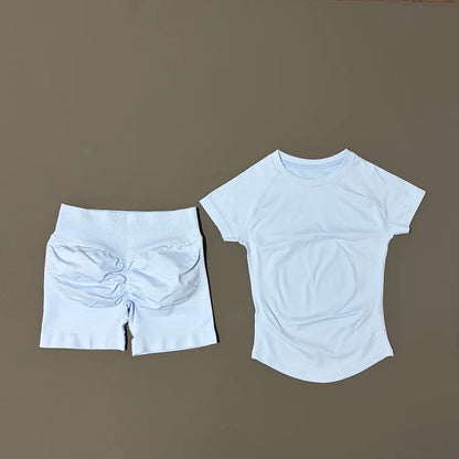 2 Piece Gym Sets Women Seamless Short Sleeve Top Butt Lifting Shorts Workout Fitness Running Sports Yoga Tracksuit