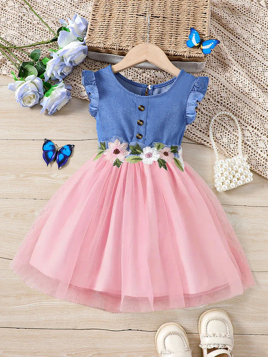Girls' Summer Mesh Dress, Faux Denim, Round Neck with Ruffles, Faux Placket Embroidered Lace, Beach, Vacation, Party, Gift
