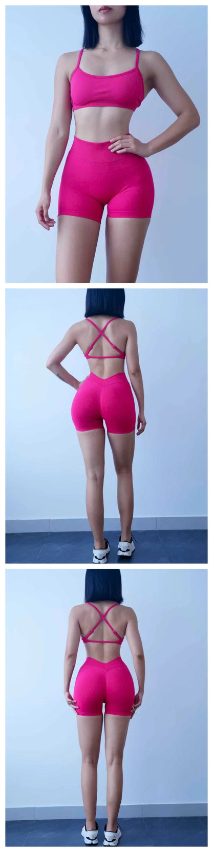 New Women's Seamless Workout Sets Thin Strap Back Sports Bra & 3-Inch Shorts, Quick Dry Gym Yoga Outfits