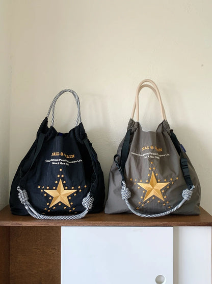 New Japanese-Style Embroidered Shopping Bag Y2K Style Large Five-Pointed Star Design Women's Shoulder Bag Lightweight Tote Bag Foldable Storage Suitable for Shopping Leisure Holiday Parties