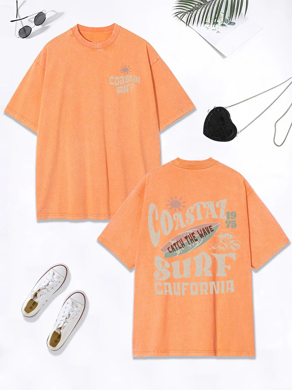 Surf Catch The Wave California Prints Washed T-Shirt Women Cotton Oversize Tops Distressed O-Neck T Shirt Summer Clothes