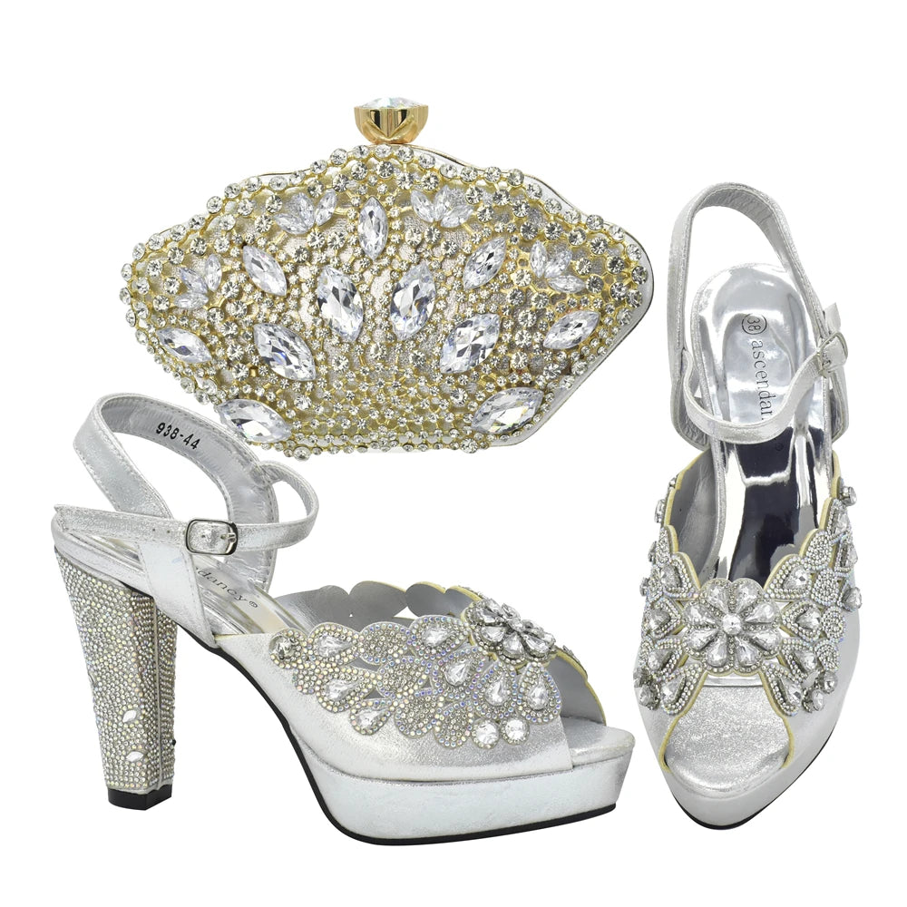 New Arrival Italian Party Shoes and Bag Set Decorated with Rhinestone African Women Wedding Shoes Bride Plus Size Women Shoes 43