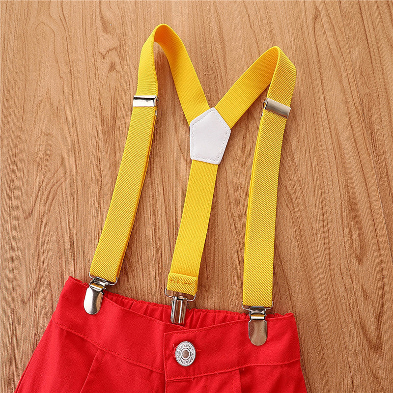 1-5years Toddler Boys Gentleman Suits Summer Short Sleeve Bowtie Lapel Shirt + Bib Shorts Set Kids Boys Summer Casual Sets