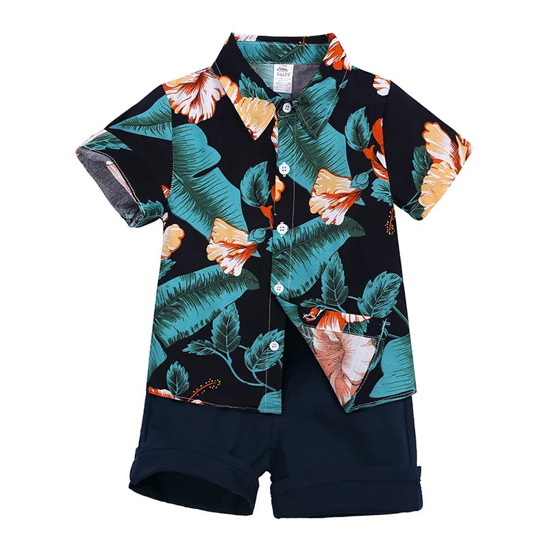 2026 Gentleman  Kids Boys Party Clothing Set Print Hawaii Style Short Sleeve Shirt +Short Pants Formal Suit Seaside Outfits 2Pcs