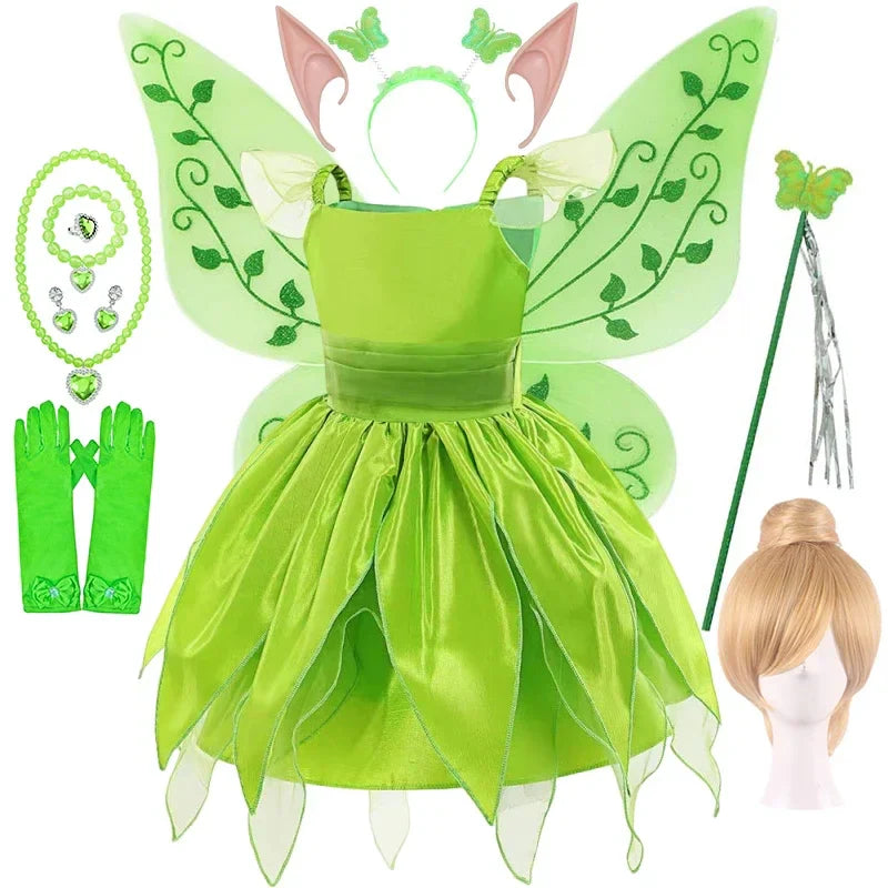 Disney Girls Cosplay Fada Tinker bell Vestido Crianças Princesa Fada das Flores Com Asas Fantasia Festa Tinkerbell Tinker Bell Vestido