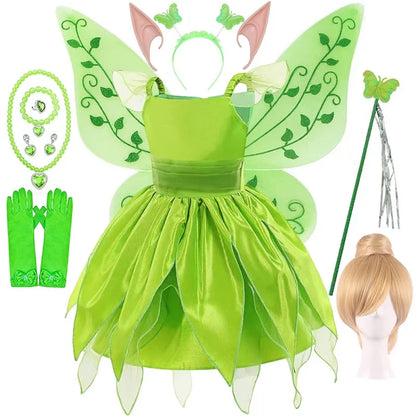 Disney Girls Cosplay Fada Tinker bell Vestido Crianças Princesa Fada das Flores Com Asas Fantasia Festa Tinkerbell Tinker Bell Vestido