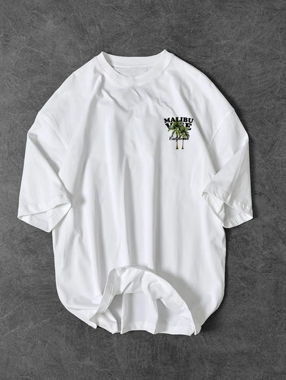 Vibrant Malibu Vibe Tee with Palm Tree and California Lettering Print on White 100% Cotton Men's T-shirt Summer Casual Wear