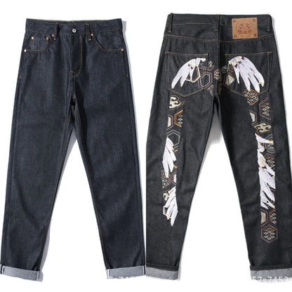 Men's Japanese Handmade Embroidered Jeans Pure Cotton Straight Tube Hip-Hop Popular Slim Red Ears Show Thin Trousers Devil Black