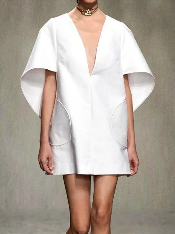 Fashion Black White Color Short Dress For Women 2025 New Spring Deep V-neck Half Sleeves Loose Prom Party Mini Dresses