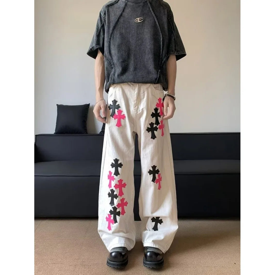 Trendy cross jeans, loose straight leg wide leg casual pants