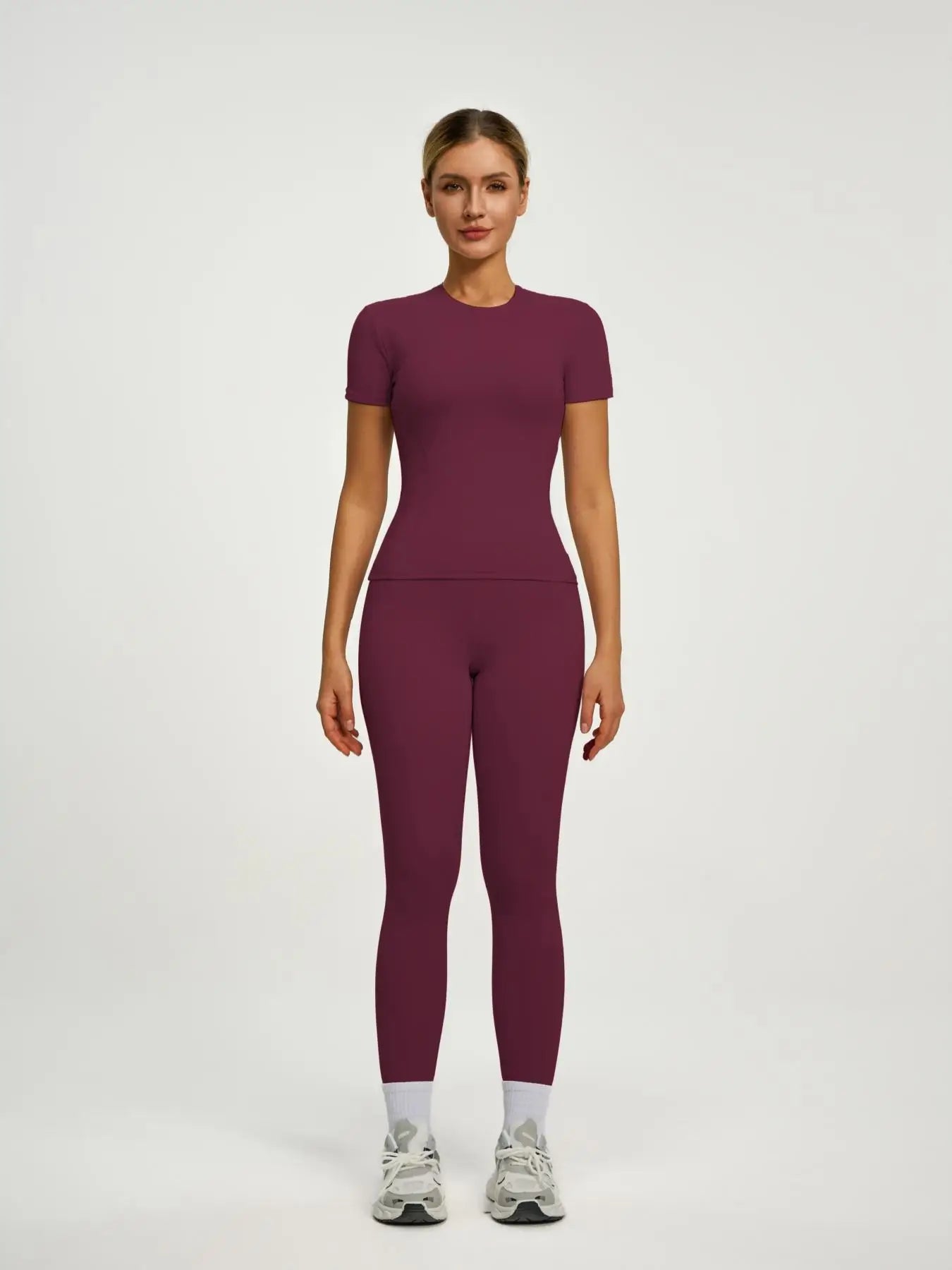 Women's Short Sleeve Sporty Set, High Waist Yoga Pants & T-Shirt Combo, Ideal for Fitness Gym Sculpting Workout