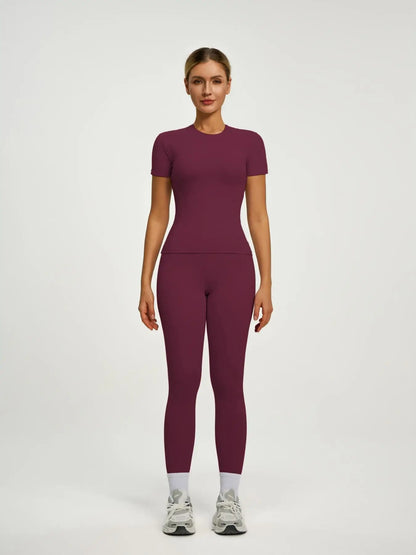 Women's Short Sleeve Sporty Set, High Waist Yoga Pants & T-Shirt Combo, Ideal for Fitness Gym Sculpting Workout