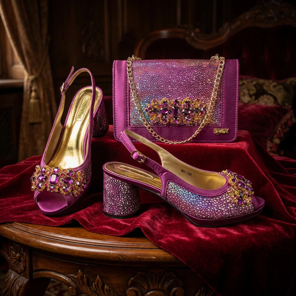 Green Elegant Women's High Heels Shoes  & Bag Set Rhinestone-Embellished Designer Shoes Perfect for Special Occasionss