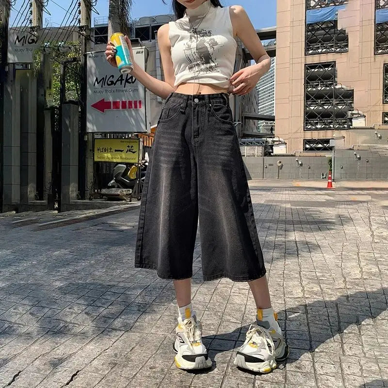 Verão American Style Vintage Feminino Jeans Folgado Y2k Solto Lavado Cintura Alta Calça Jeans Comprimento Joelho Streetwear Shorts Perna Larga