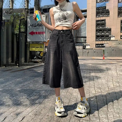 Verão American Style Vintage Feminino Jeans Folgado Y2k Solto Lavado Cintura Alta Calça Jeans Comprimento Joelho Streetwear Shorts Perna Larga