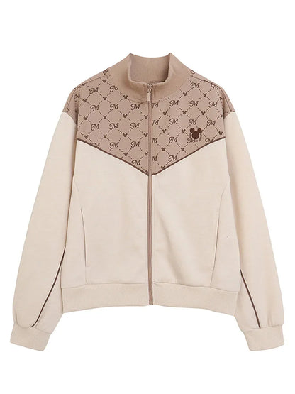 Embroidery Zip Up Sweatshirt Women Casual Stand Collar Bomber Jacket Patchwork Contrast Color Jumper Outwear Top