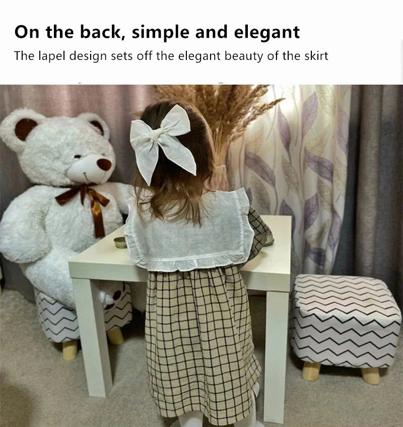 Baby Girls Dress Casual Plaid Clothes Summer New Korean Cotton Linen Girls Princess Dress Big Turn Down Collar Dress