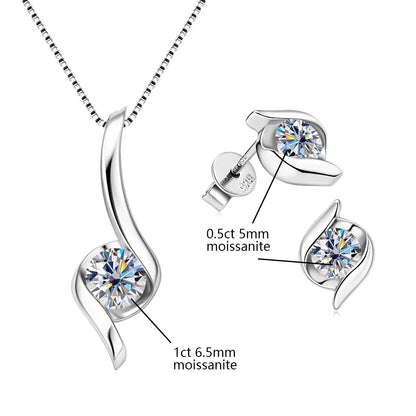 Sterling Silver 925 Real Moissanite Jewelry Set for Women 2.0ctw D Color Lab Diamond Stud Earrings Pendant Necklace Sets Gift