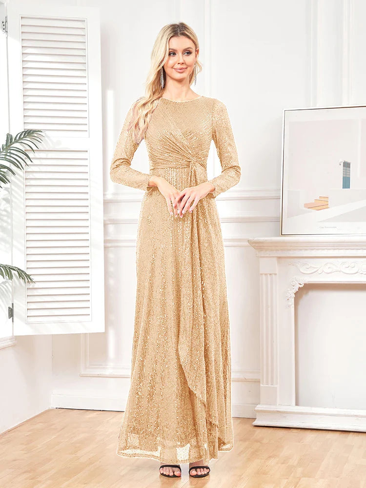elegant Long Sleeve O-Neck Gold Sequins Evening Dress Luxury 2025 Women Wedding Party Prom Cocktail Dress Vestido