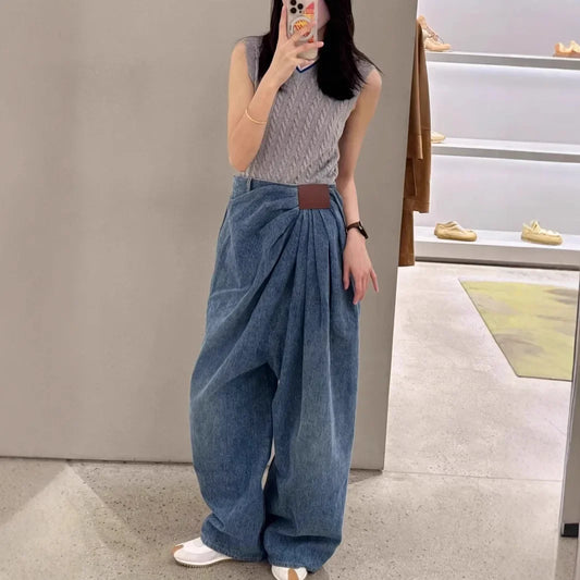 Wide Leg Denim Jeans Women Fashionable Drapey Floor-Length Pants