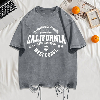California Sanfrancisco Weat Coast Washed Holes T-Shirt Mens Cotton Soft T Shirts Crewneck Loose Clothes Multicolor Short Sleeve