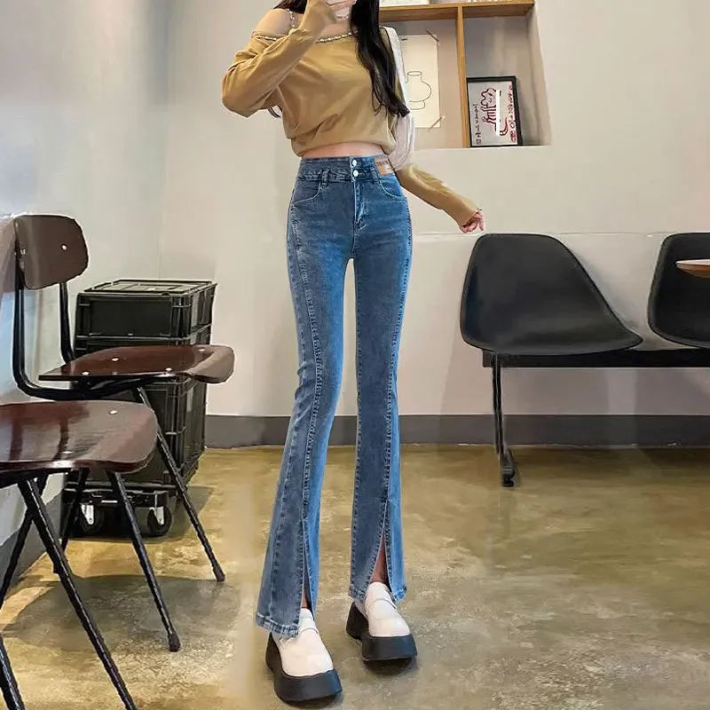Women Autumn Winter Style High Waist Elastic Dragging Jeans