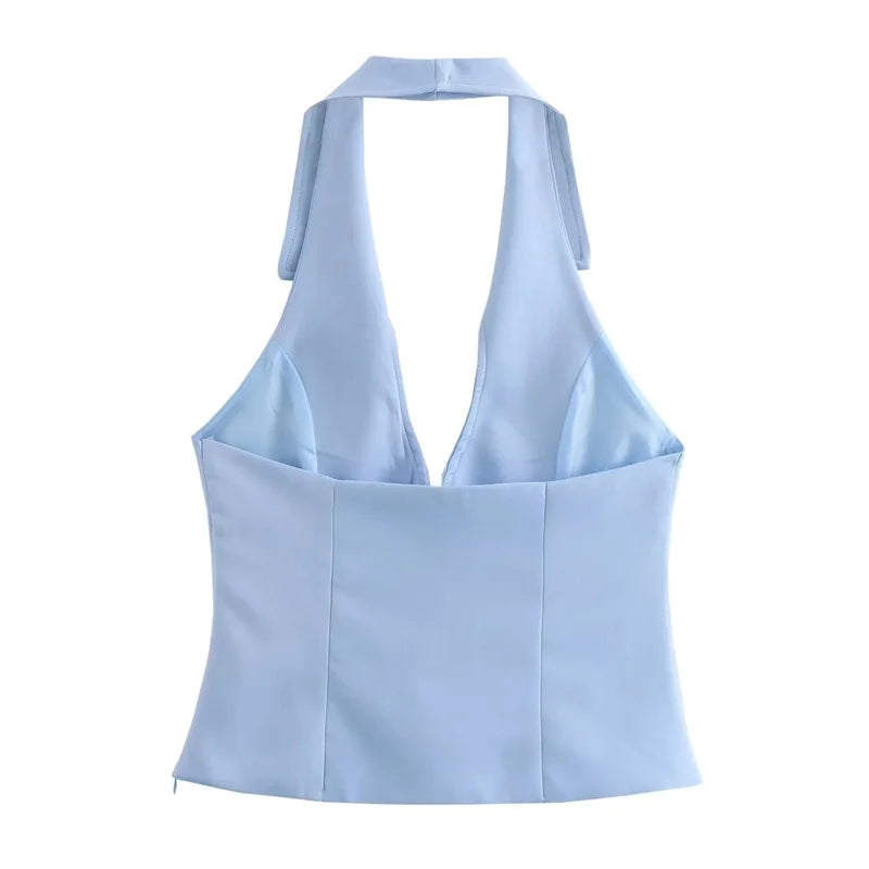 MUJER 2025 Blue Pink Halter Top Woman Off Shoulder Backless Crop Top Women Sleeveless Short Tops Woman Fashion Summer Sexy Tops