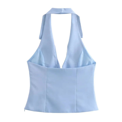 MUJER 2025 Blue Pink Halter Top Woman Off Shoulder Backless Crop Top Women Sleeveless Short Tops Woman Fashion Summer Sexy Tops