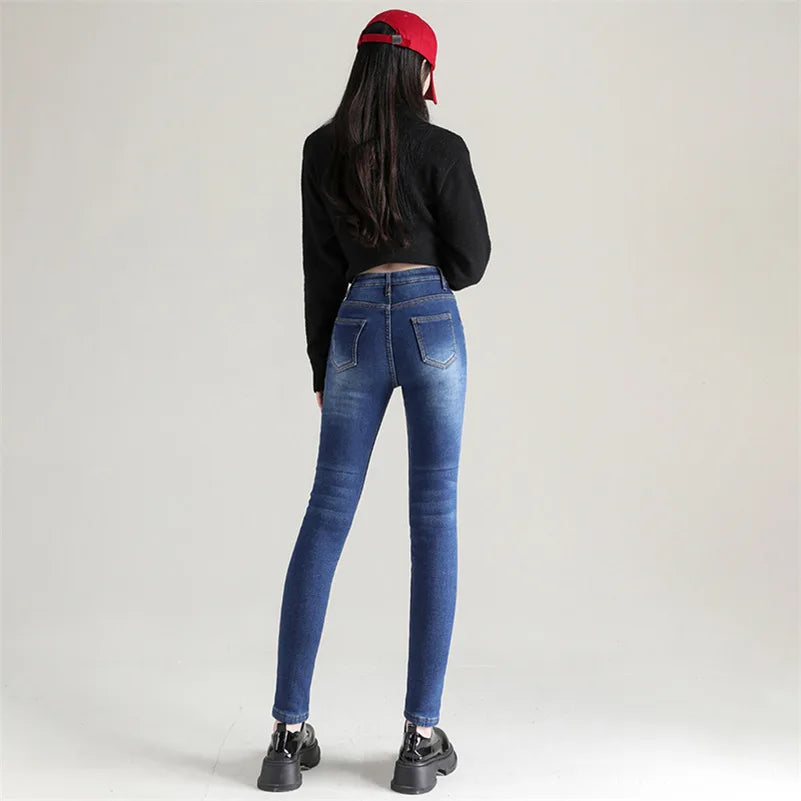 Women Thermal Jeans Winter Snow Warm Plush Stretch Jeans Lady Skinny Thicken Fleece Denim Long Pants Retro Blue Pencil Trousers