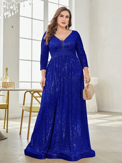 Vestidos de Festa Plus Size de Luxo com Decote V Manga Longa Paetês Elegante para Mulheres Casamento Baile Noite Coquetel Formatura