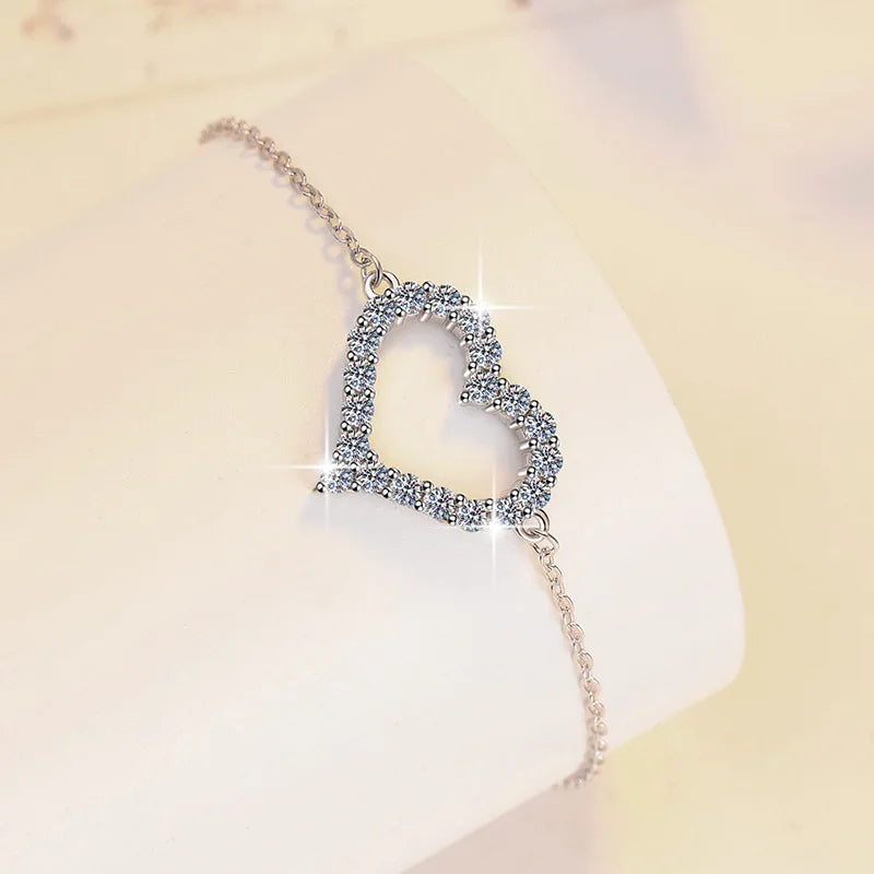 Heart Shape Full D Color Moissanite Link Bracelet Pendant for Women Girls S925 Silver Lab Diamond Chain Bracelets Earrings