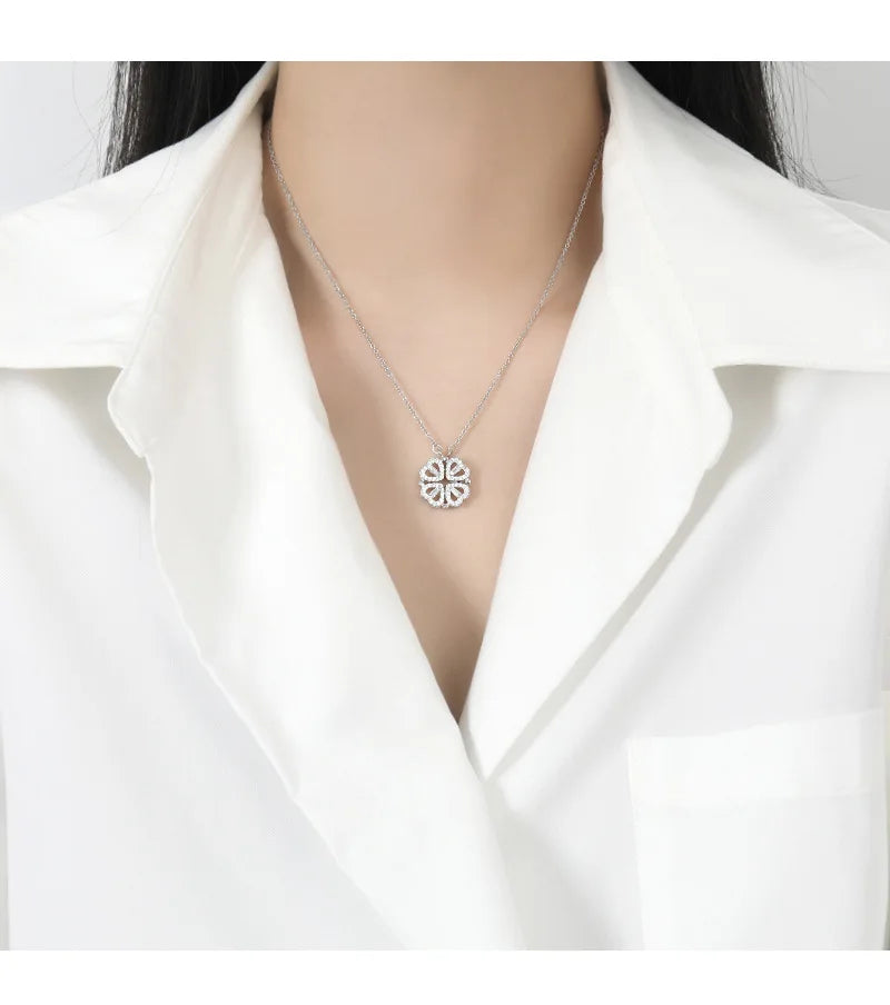 Transform Luxury Four Leaf Clover Pendant Necklace  Stainless Steel Crystal Gold Color Heart Jewelry for Women Gift