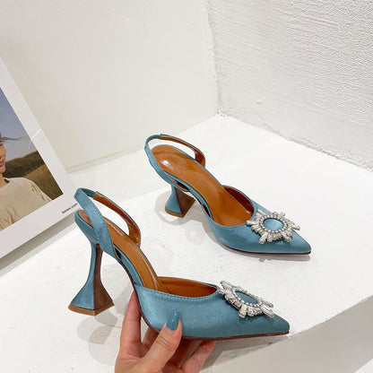 Aneikeh Marca Feminina Salto Alto de Seda Luxuoso Salto Alto com Laço de Borboleta de Cristal Sapatos Pontudos de Verão Salto Triângulo Sapatos de Noiva