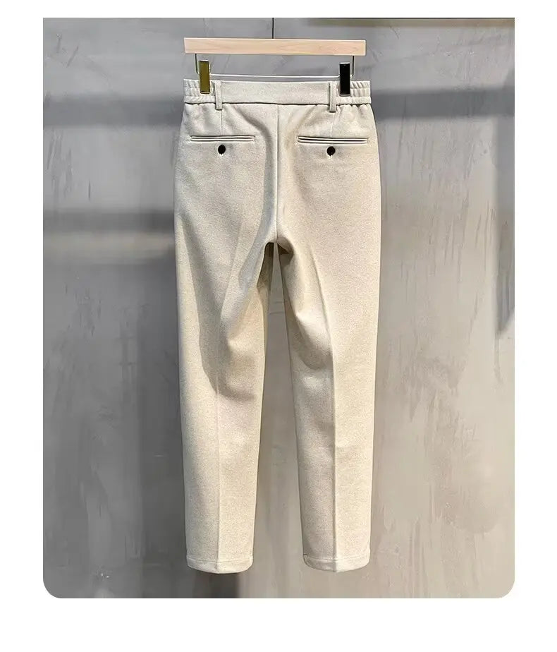 Men's Woolen Straight Leg Casual Pants Autumn Winter Thickened Fashionable Nine Point Pants mid Waist Pure Color Anti-Wrinkle