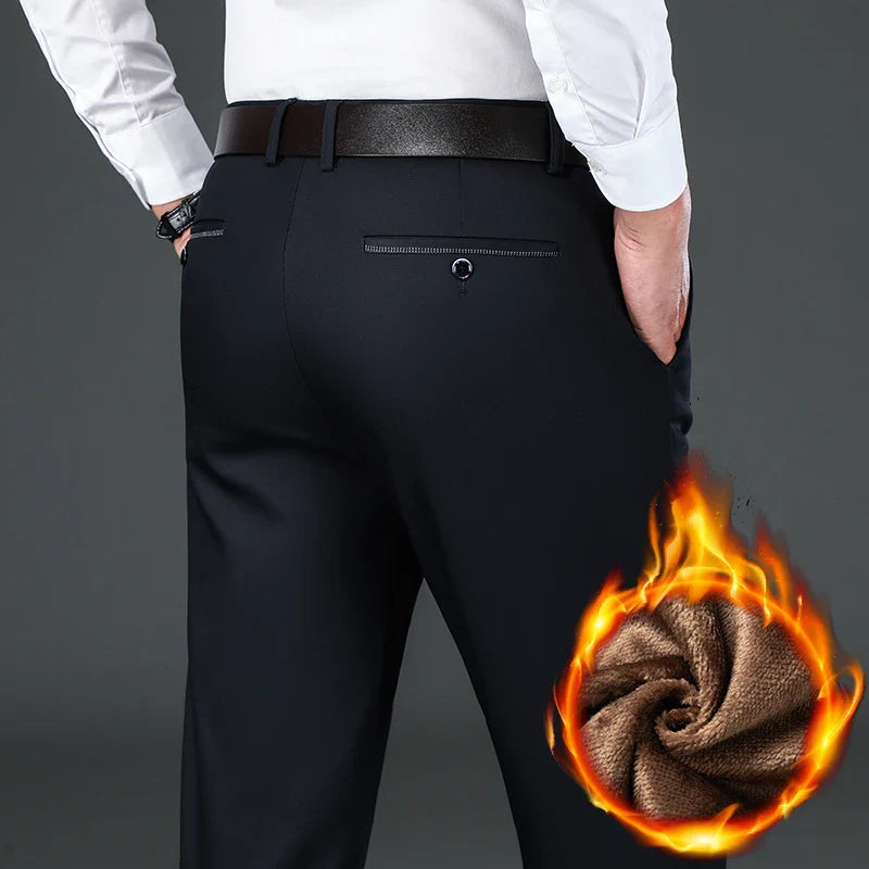 Winter New Flannel Thick Men's Casual Pants Fleece Navy Black Business Straight Slim Stretch Warm Plush Trousers Male
