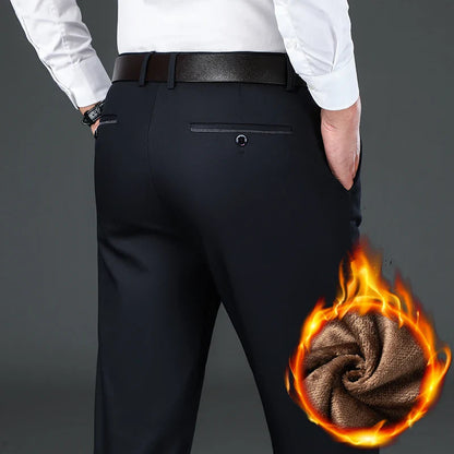 Winter New Flannel Thick Men's Casual Pants Fleece Navy Black Business Straight Slim Stretch Warm Plush Trousers Male