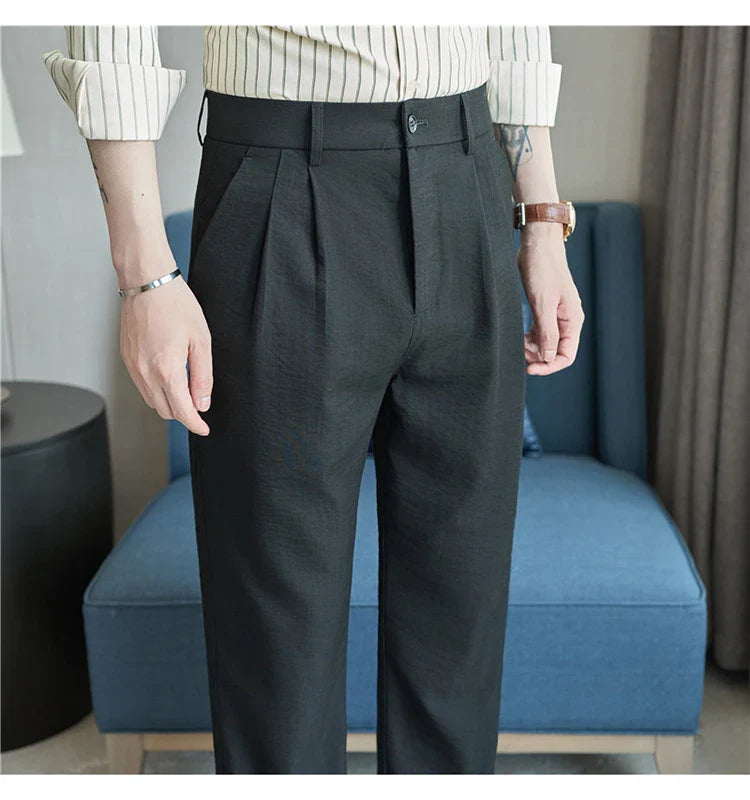 Men's Old Money Style Linen-Cotton Pleated Dress Pants – Lightweight, Semi-Elastic Waist & Wrinkle-Free for Summer