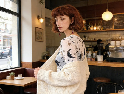 2026 Women's Fashion Trend Black & White Sun-Moon Print Sheer Mesh T-Shirt Sheer Mesh Crew Neck Base Layer T-Shirt