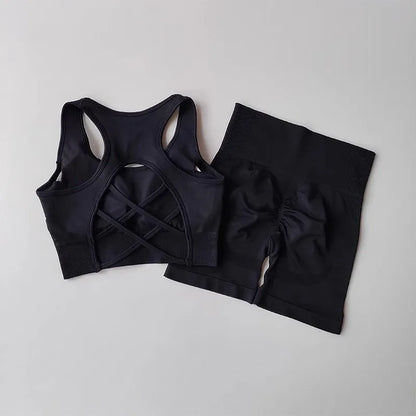 Women's yoga exercise set, paired with cross gathered back and high waisted hip lifting sports shorts
