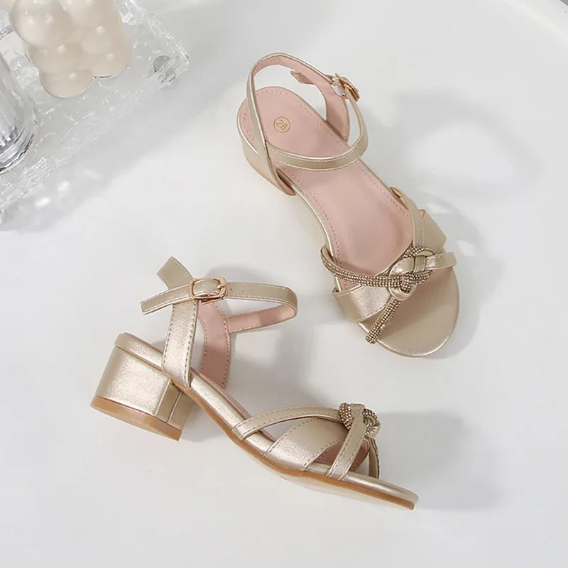 Children's Sandals 2024 Summer New Kids' Crystal High Heels Soft Sole Casual Fashion Girls' Princess Shoes 3-10 Years Old