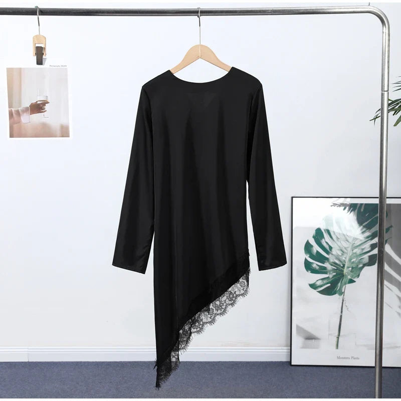 Women's Satin Blouse With Lace Trim Fashion O-neck Long Sleeve Lace Up Waist Irregular Tops 2026 Spring New Chic Lady Streetwear