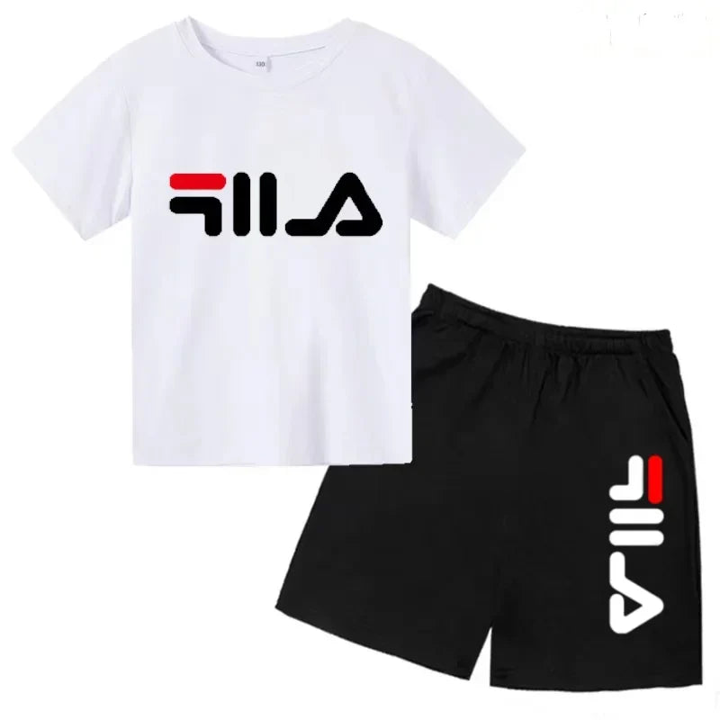Kids Gift Sports Short-Sleeved Round Neck Black Letters Fashion White T-shirt+Shorts Summer Boy Girl Casual Outdoor Jogging Suit