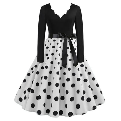 Women Vintage Long Sleeve Polka Dot Dress Spring Autumn New Year Party Dresses 3XL Black Vestidos
