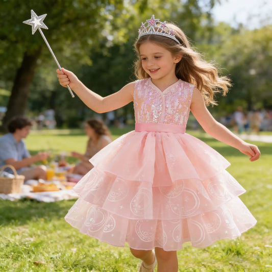 Pink Sequin Lace Wedding Dress+Magic Wand+Crown Outfits 3-13 years Teens Sleeveless fluffy Mesh Gown for girls queen clothes